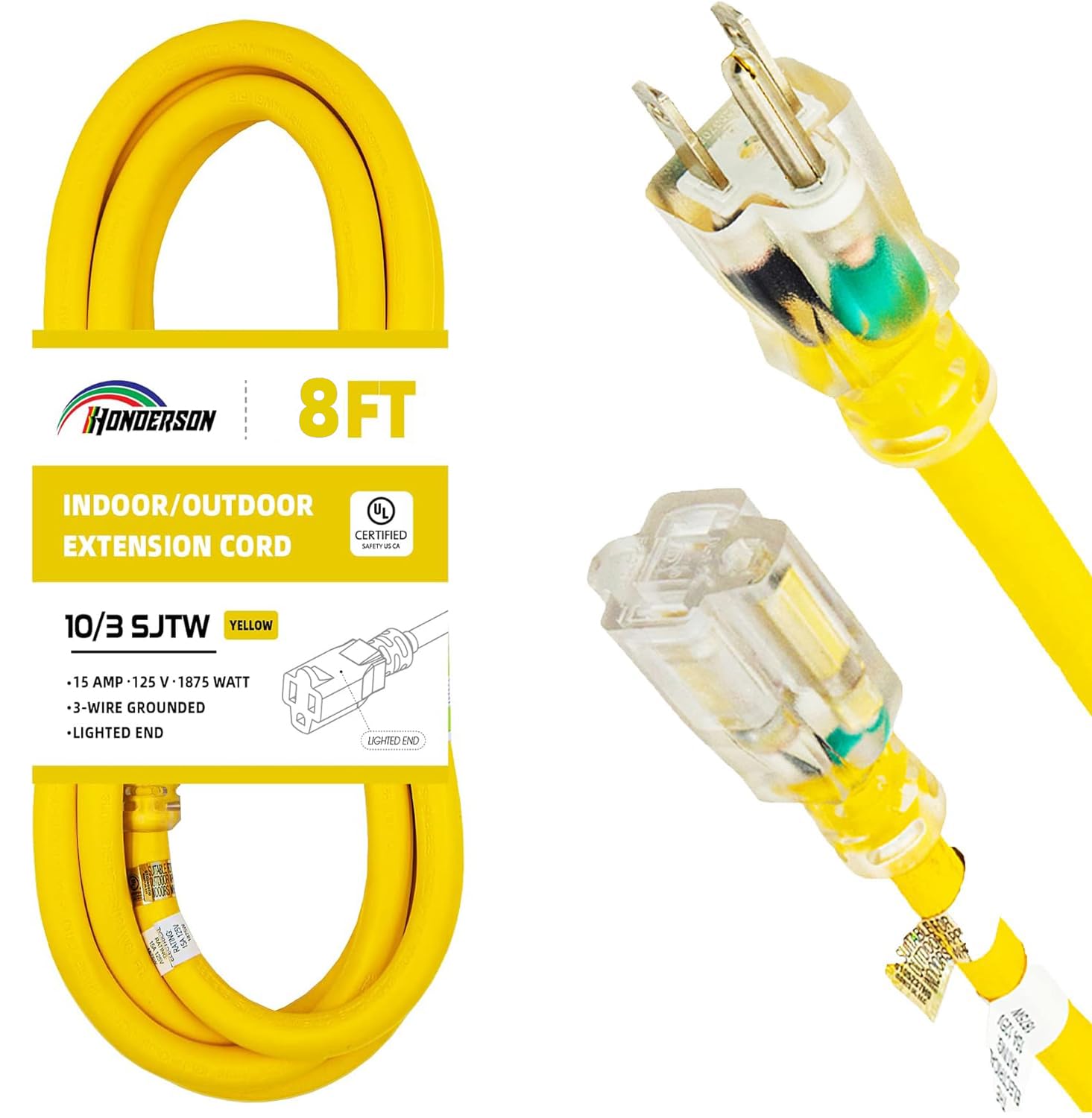 Cable de extensión para exteriores iluminado de 8 pies, 10/3 SJTW, cable de extensión amarillo resistente con enchufe de 3 puntas para mayor seguridad, listado UL
