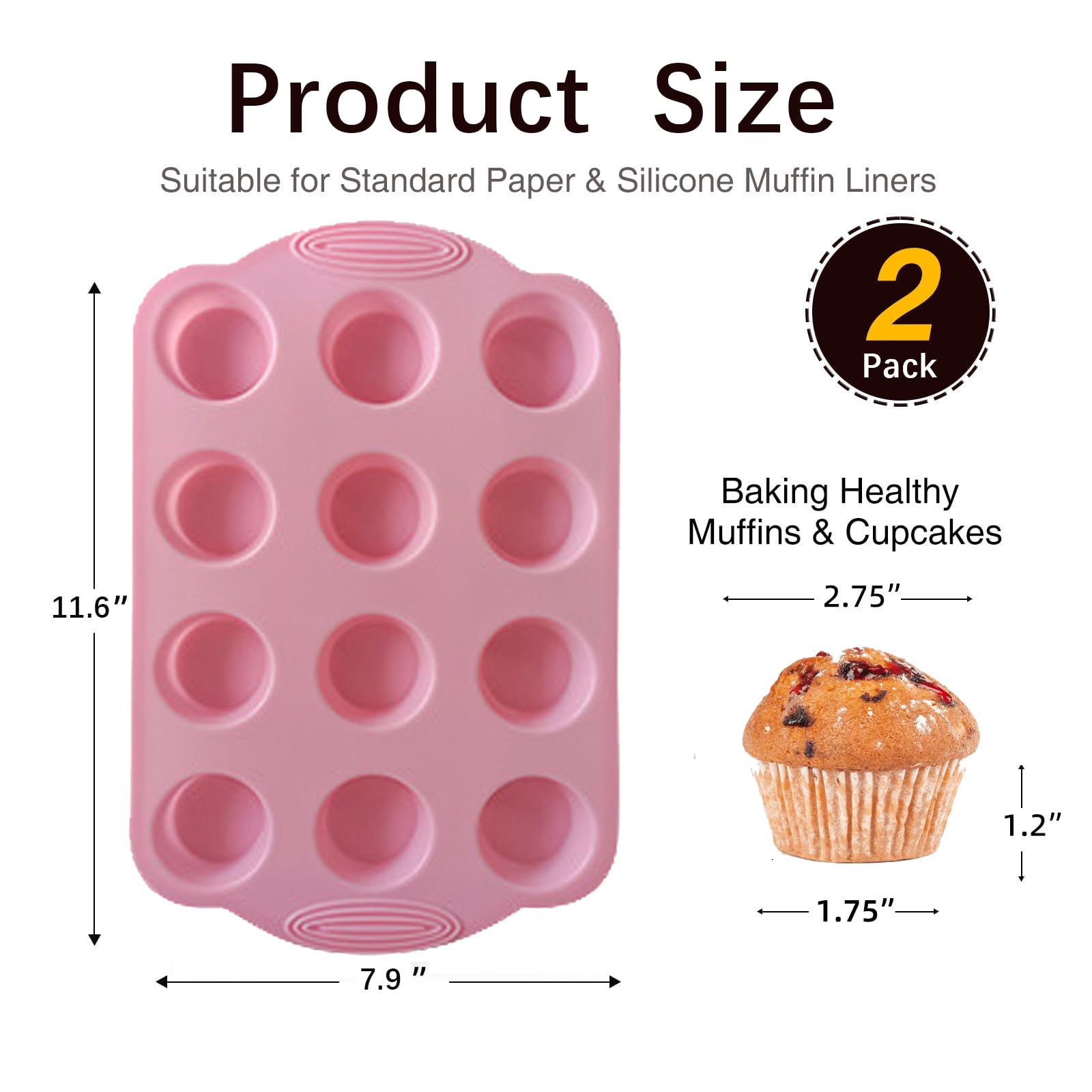 DIYOHFE 2 Pack Silicone Muffin Pan - 12 Regular Size Cups Muffin Pan, Non-Stick Cupcake Pan Great for Homemade Muffins,Cupcakes, Muffin Cakes, Oven and Dishwasher Safe BPA Free?Pink?