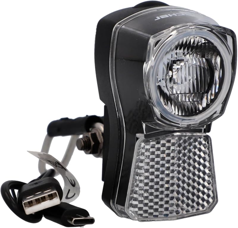 Far față LED pentru bicicletă Fischer 45/20 Lux, reîncărcabil prin USB, design tip dinam, protecție IP44, certificat StVZO
