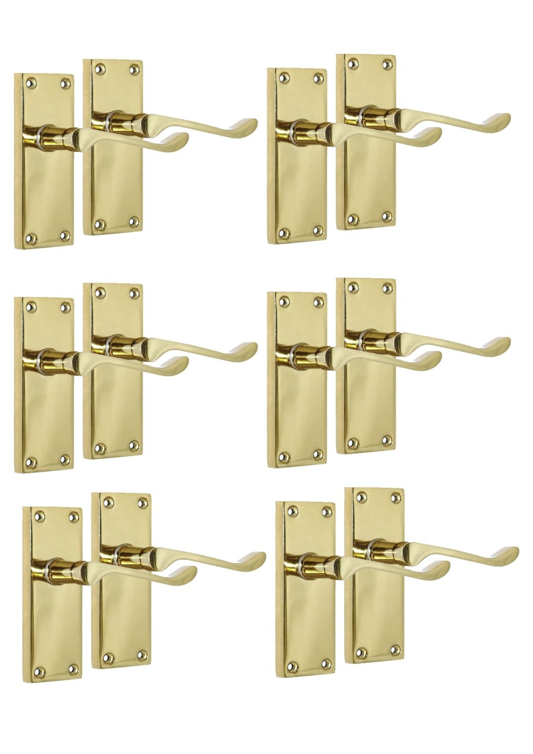 Epsom Door Handle Yellow Brass Plated Scroll Door Handle Set - Victorian Style Internal & External Lever Door Handles With Backplate 118Mm X 42Mm Sets (6 Pair Of Handles)