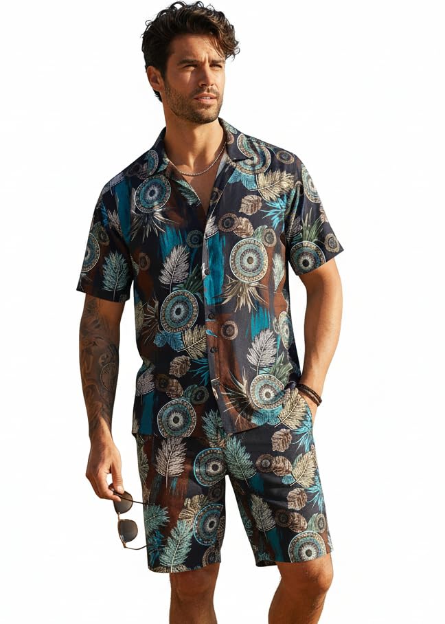Image of Zilcon Men's Matching Set Summer Beach 2 Piece Outfits Floral and Palms Button Down Shirts and Shorts Goa Vacation Outfits