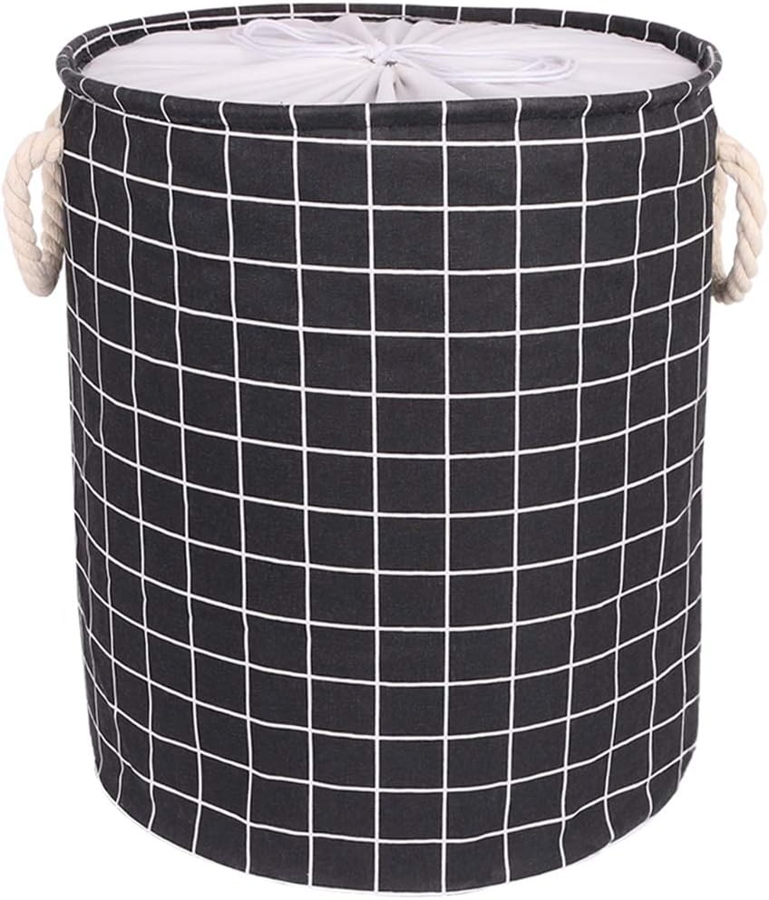 19.7-Inches Thickened Large Laundry Basket, Laundry Hamper with Durable Cotton Handle, Drawstring Waterproof Round Collapsible Storage Basket(Black Square)