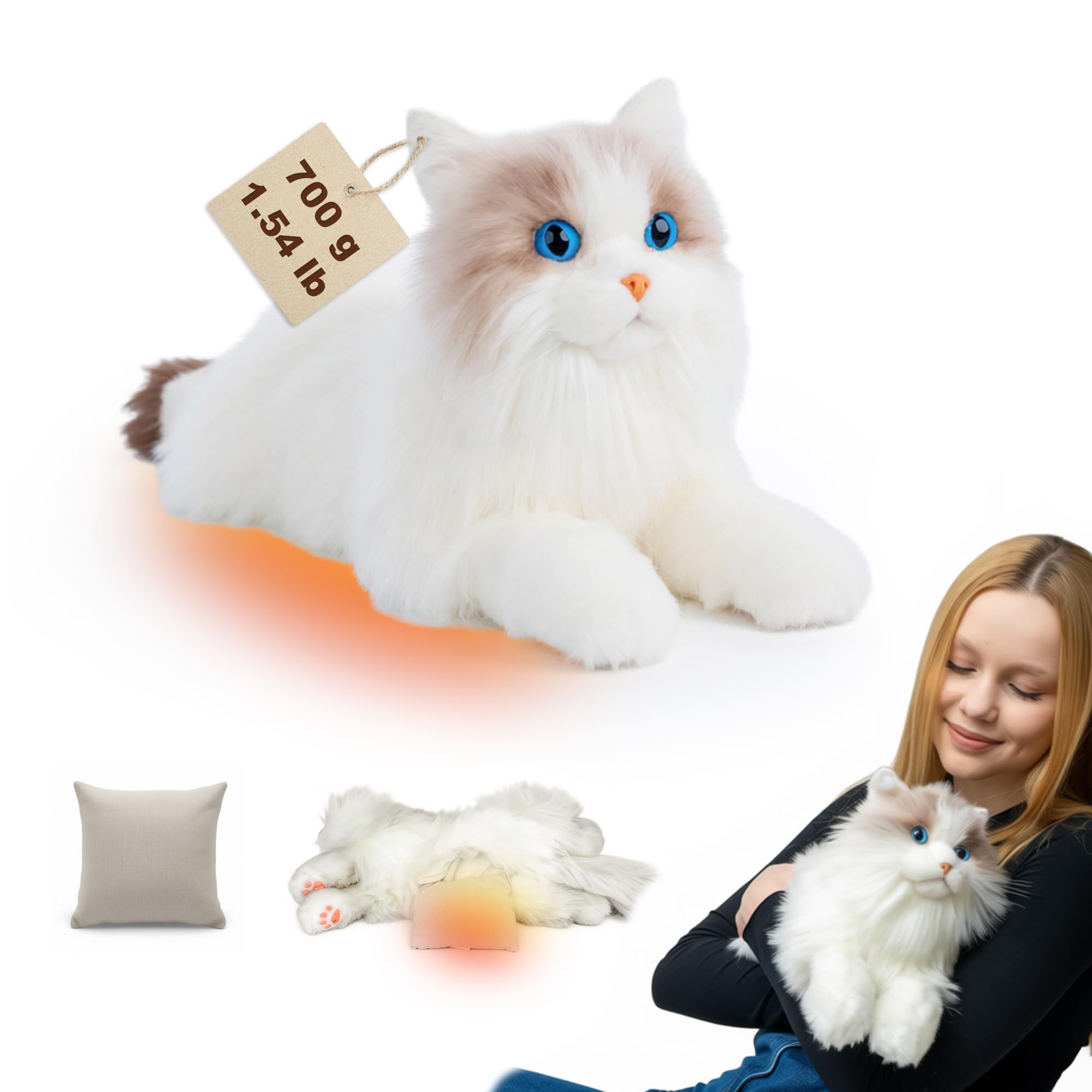 Chongker Weighted Heated & Cooling Cat Plush Toy, 1.5lb 21-Inch Realistic White Cat Stuffed Animal with Removable Microwavable Heat Pack, Stress Relief & Calming Sensory Companion for Kids & Adults