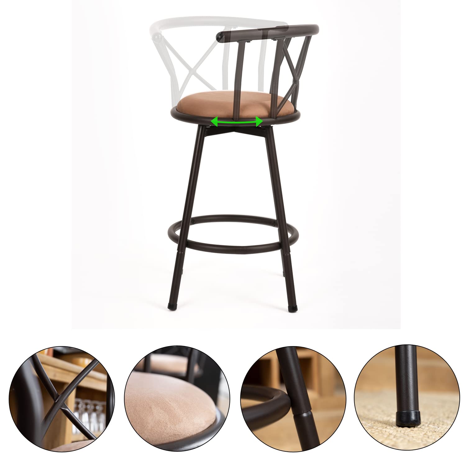 MEUBLE COSY Lot de 2 Tabourets de Bar Vintage pivotant sur 360° avec Dossier et Repose-Pieds Siège de 63 cm de Haut Style industriel Marron