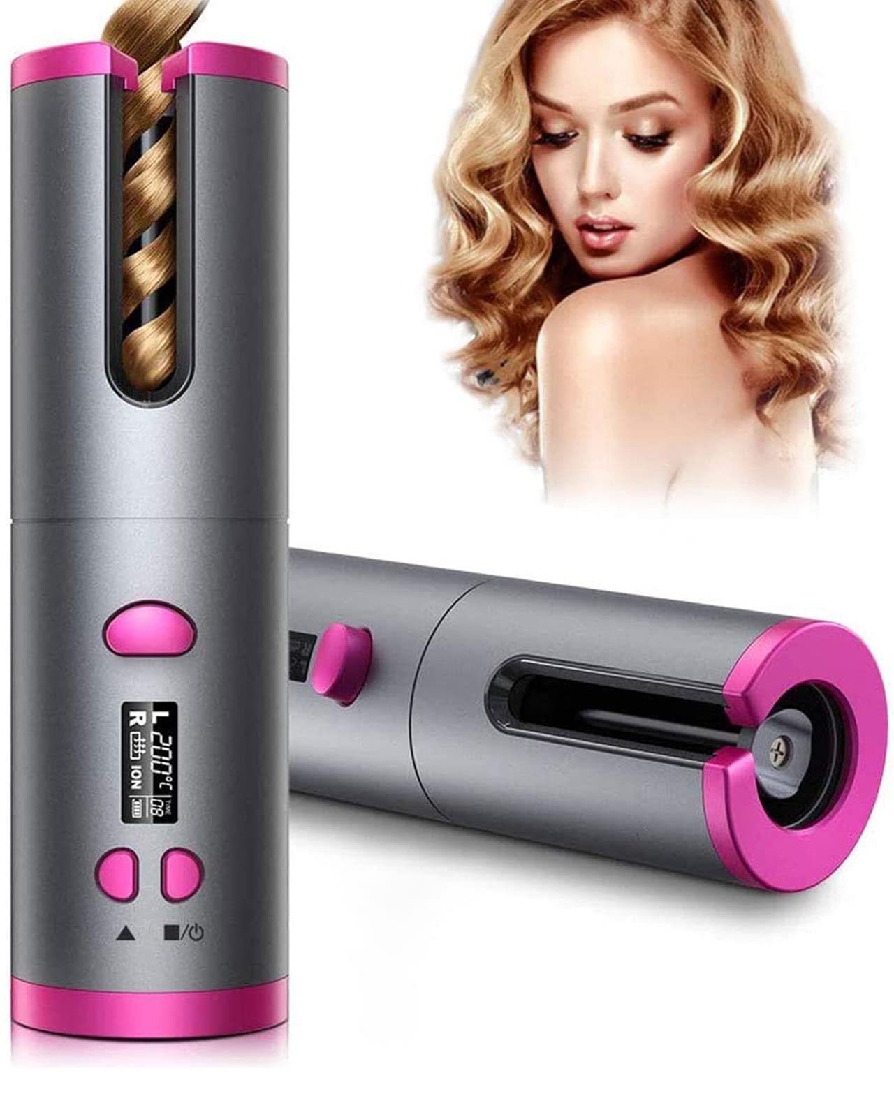 Unbound - Rizador de pelo inalámbrico de cerámica giratorio automático, recargable por USB, pantalla LED, temperatura