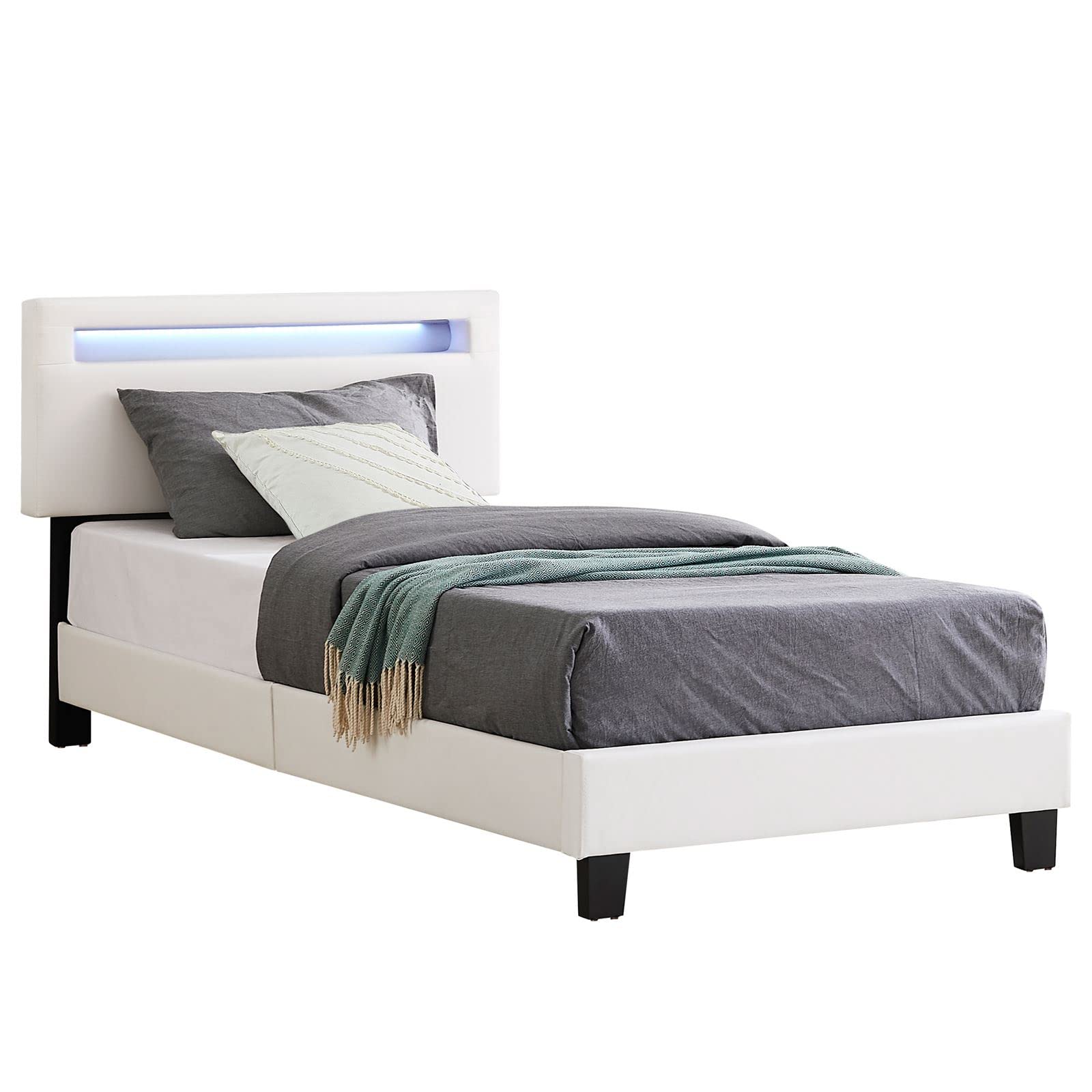 CARO-Möbel Polsterbett Benito 90x200 cm mit LED Beleuchtung, modernes Einzelbett mit verstellbarem Kopfteil, Jugendbett mit Bezug aus Lederimitat in weiß