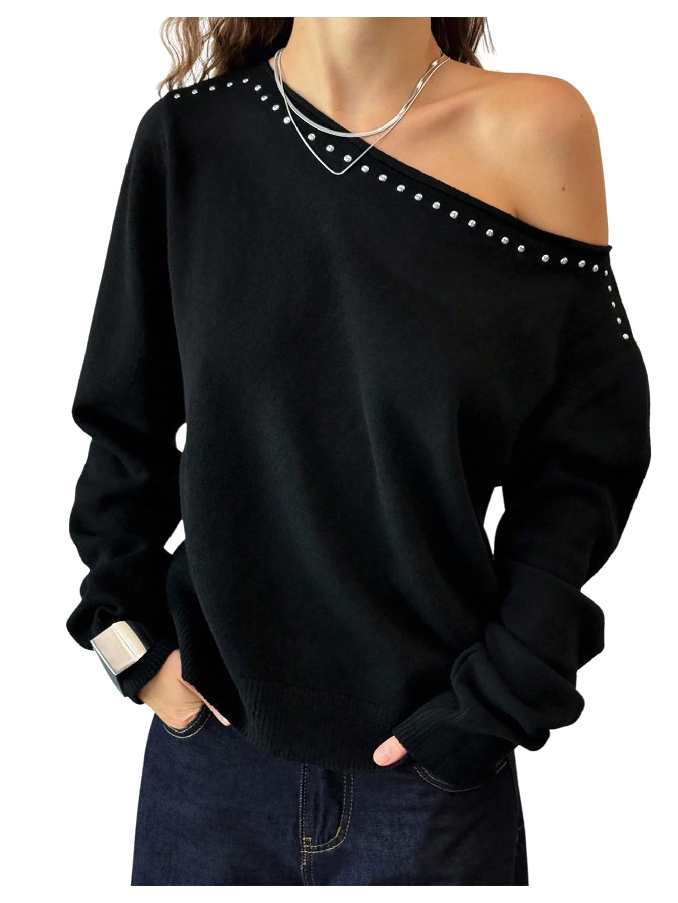 SOLY HUX Womens Off The Shoulder Sweaters Long Sleeve Asymmetrical Neck Knit Top Fall Clothes