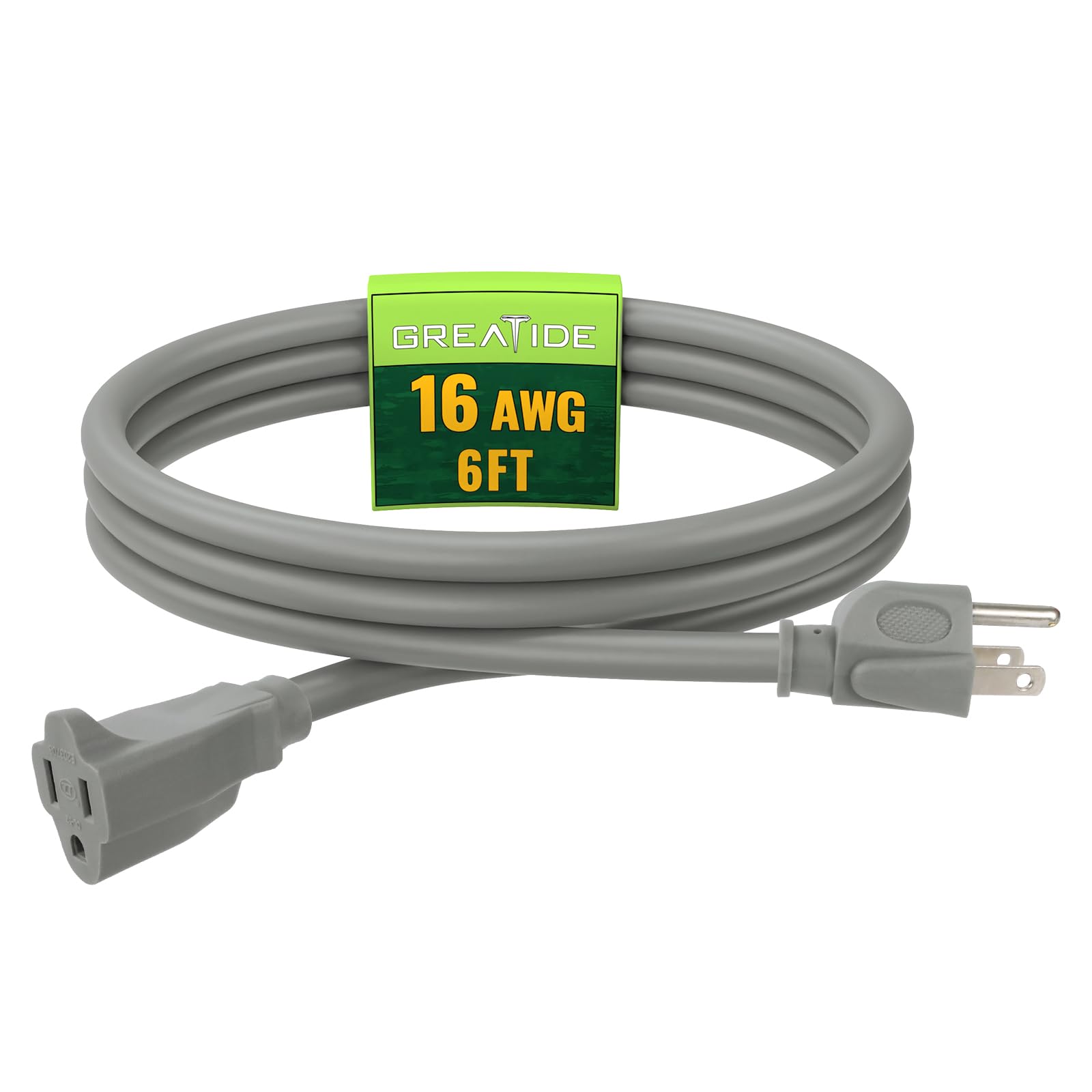 GREATIDE Indoor Outdoor Extension Cord 6 FT, 16/3 SJTW Weatherproof Grey Electrical Cords, 13 AMP Heavy Duty 3 Prong Power Cable Great for Garden,