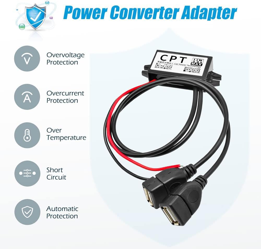Heemol Adapter USB 12V na 5V,moduł konwertera DC Buck 3A 15W samochodowy przetwornik prądu (Dual USB)