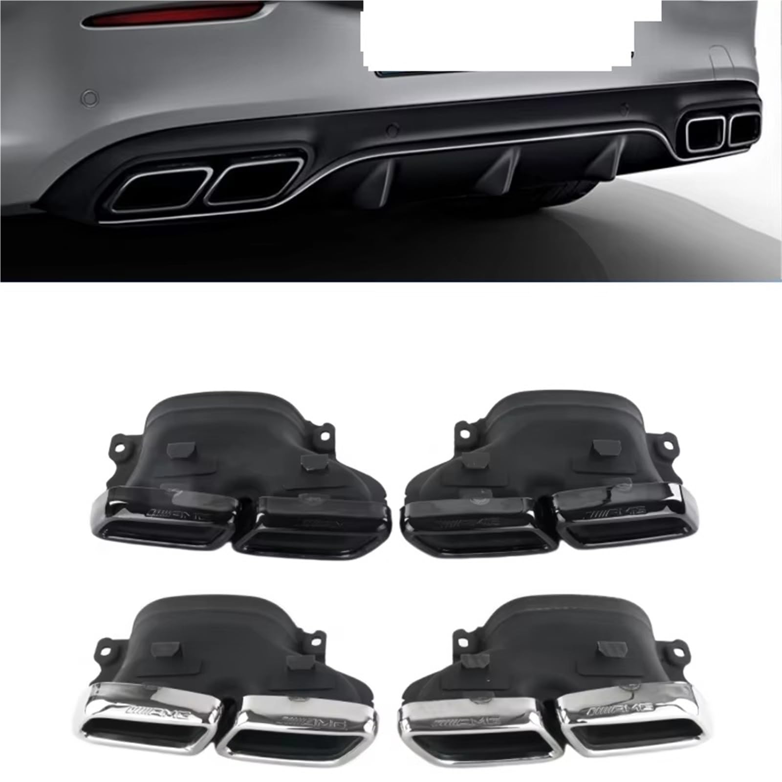 2015-2018 Per Benz Classe W205 Tubo Aggiornamento C63 Per AMG Square-mouth In Acciaio Inox Nero Silenziatore Tubo Punta Scarico Coda(Silver)