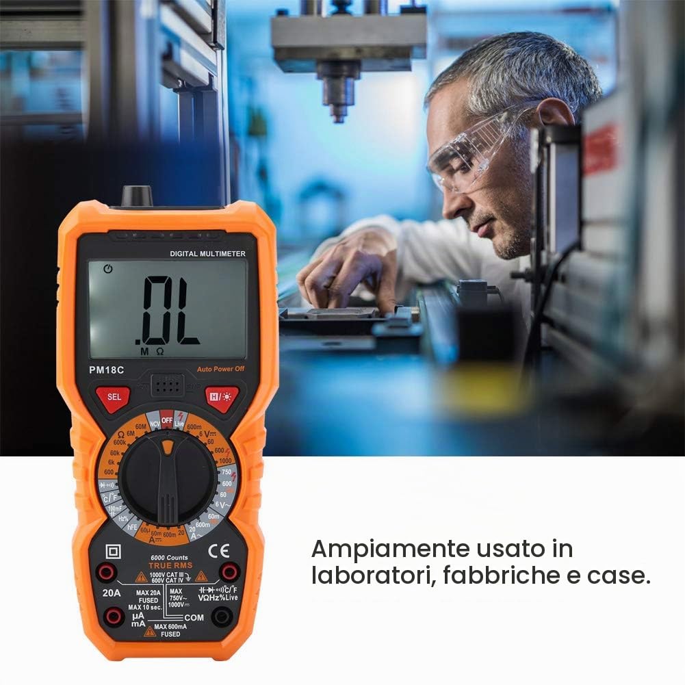 Multimetro Digitale, PEAKMETER True RMS Tester Elettrico Multifunzione 6000 Conteggi NCV Gamma Automatica Amperometro Ohmetro Tester di Tension Resistenza Tester di Temperatura