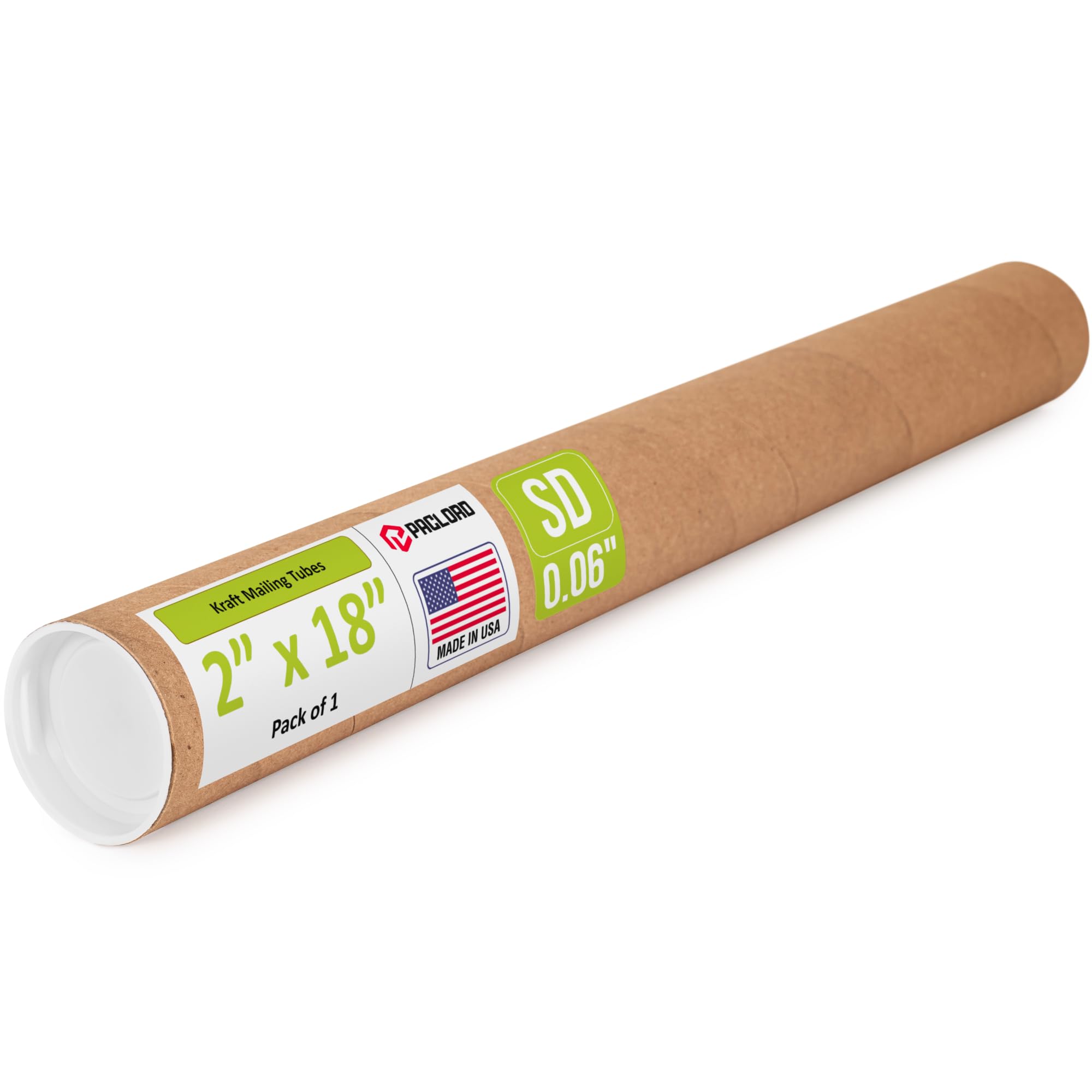 2" x 18" Reinforced Kraft Paper Mailing Tube, Pack of 1 Tube with 2 Caps – Secure USPS Approved Poster Tube – Made in USA Cardboard Tube for Shipping