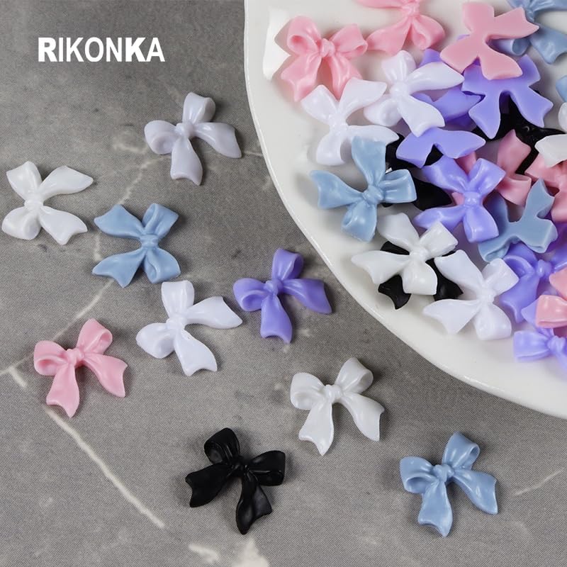 6 Bags White Black Ribbon Bow Lovely Resin Parts Bow-tie Nail Art Decorations Set for Manicure DIY Japan Korean Nail Accessories - (Color: BOW-6PCS)