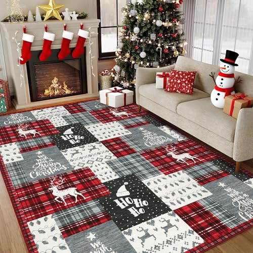 8x10 Living Room Area Rug Non Slip Christmas Patchwork Large Area Rug for Bedroom Soft Xmas Decor Dining Room Throw Carpet Christmas Tree Holiday Boho Rugs for Nursery Home Decor Office, Red