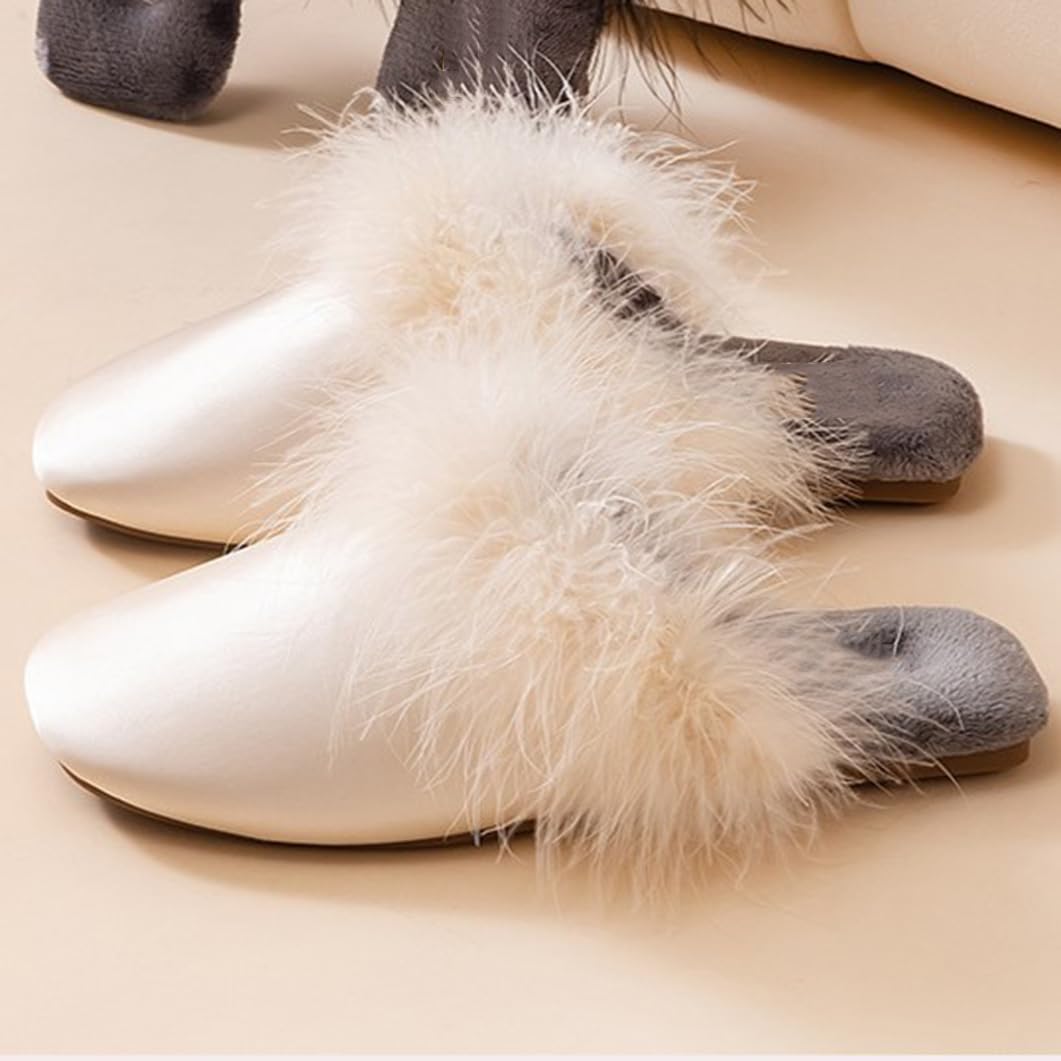 Mujer Hombre Pantuflas De Satén Borde De Plumas Forro Polar Chanclas Elegantes Zapatillas De Casa Sandalias para Interior Y Exterior(38/39 EU, White-Style1)