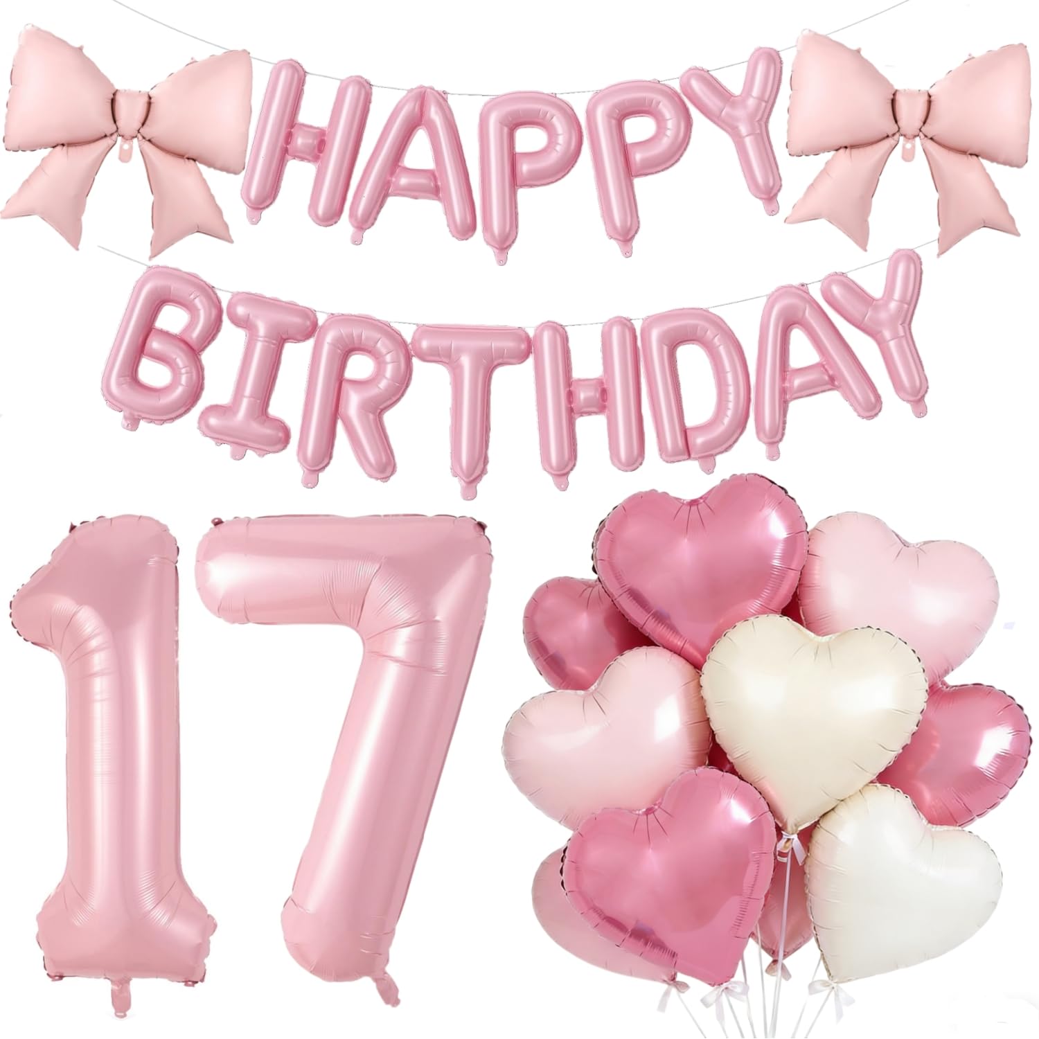 Pink Happy 17th Birthday Decorations, Large 17 Number Foil Balloon 21 Inch Pink Bow 16 Inch Happy Birthday Letter Balloons Banner with 18 Inch Heart Balloons for Girls Party
