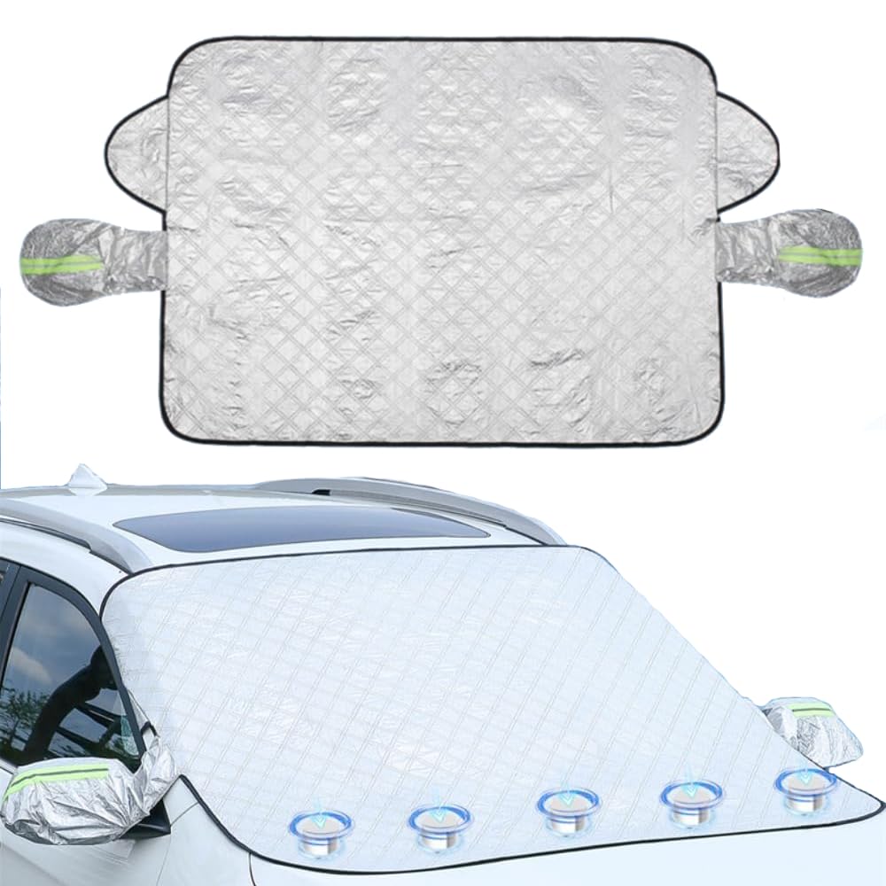 Front Windshield Cover for Sunlight with Side Mirror Cover, Windshield Guard for Frost and UV, Windproof and Waterproof with Magnetic Edge for SUV and Cars, Universal Fit