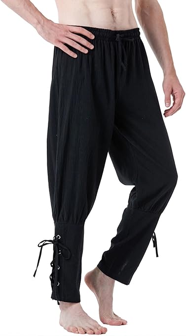 Men's Pure Cotton Vintage Ankle Banded Pants for Renaissance Pirate Viking Medieval Costume