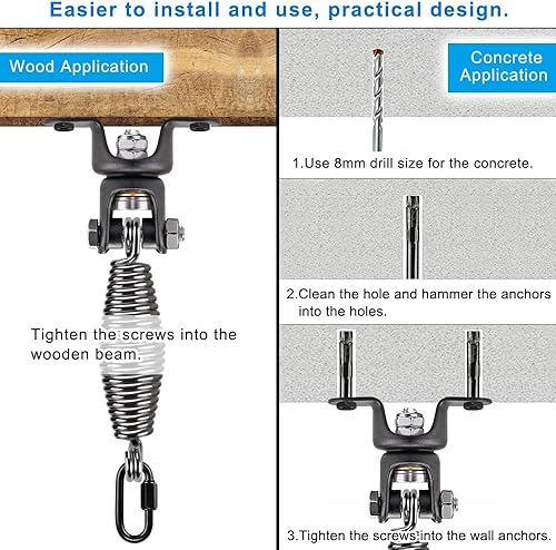 Miniatura 7 de BeneLabel Percha para saco de boxeo con resorte, rotación de 360, soporte de montaje de viga para bolsa de boxeo con mosquetón, capacidad de 150