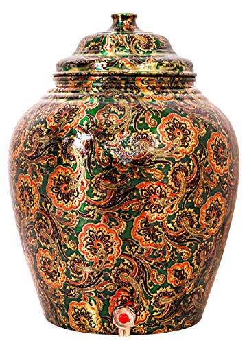 Image of Indian Art Villa Printed Design Copper Water Dispenser Pot Matka, Storage, Home Garden, 6 LTR, Bottle Green