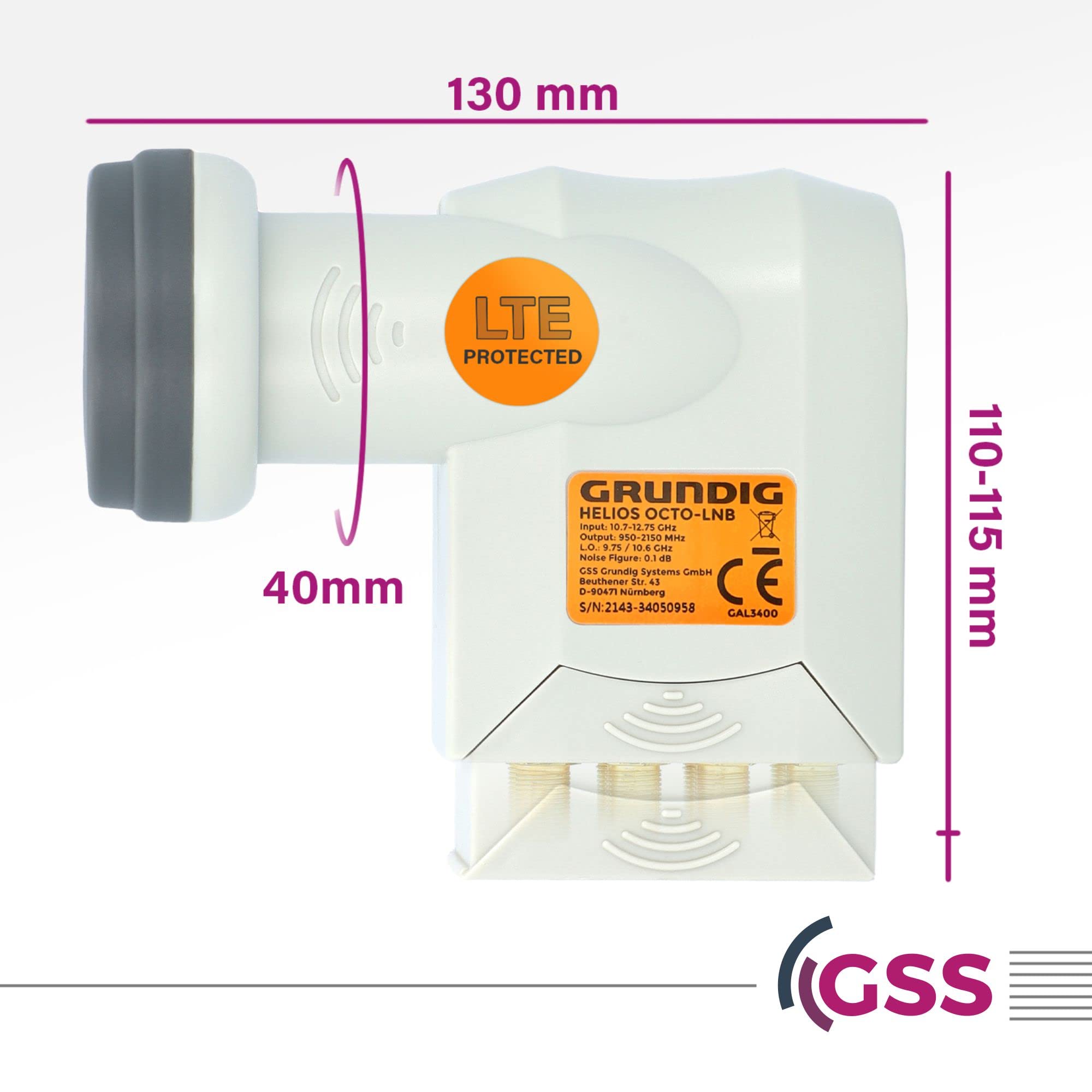 [ Test bardzo dobry, ocena 1.2 *] GSS Helios Octo LNB z ekranowaniem LTE i Sun Protect ochrona UV, cyfrowy 8-krotny 4K LMB dla 8 uczestników, do telewizorów odbiorników satelitarnych, HD 8-krotny LNC