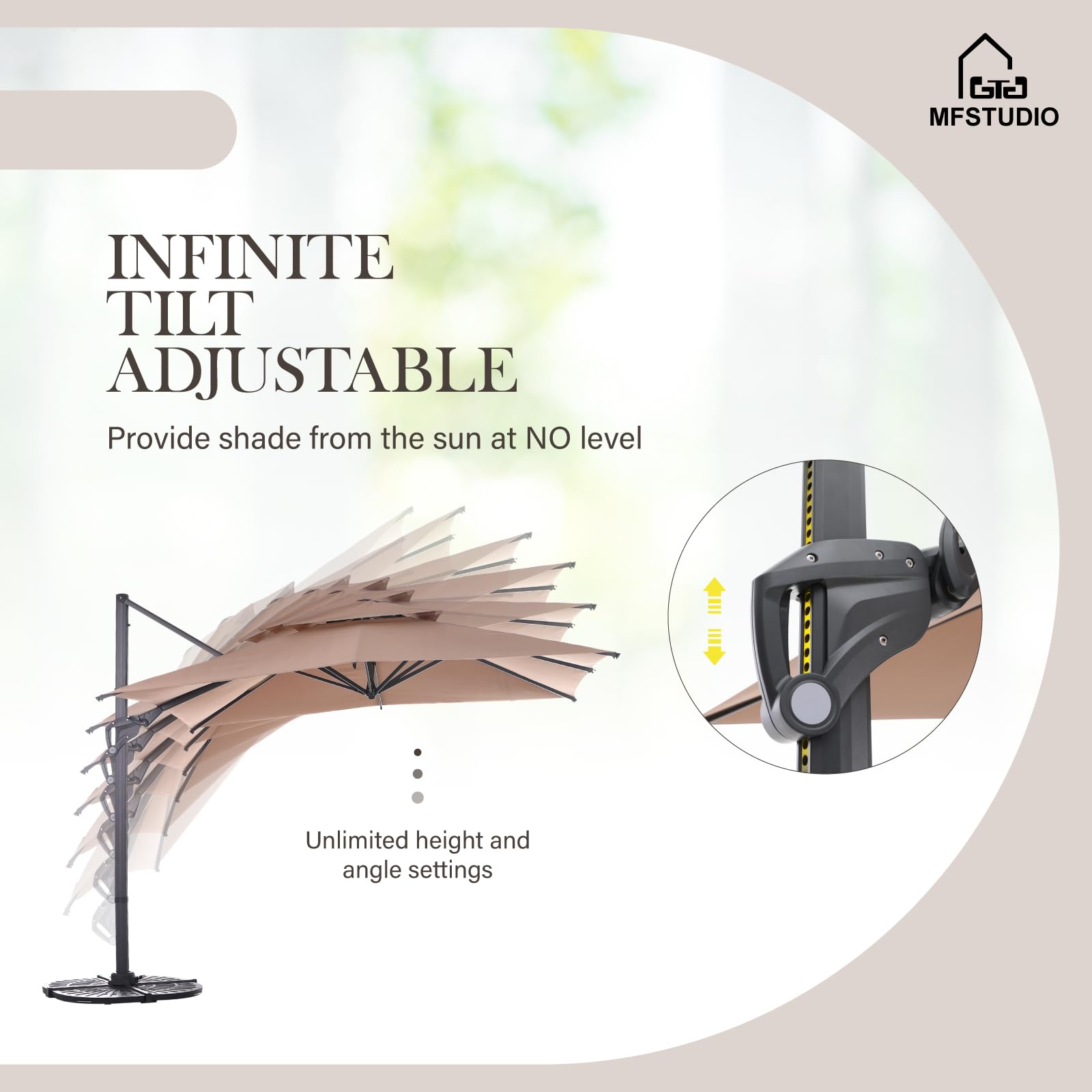 MFSTUDIO 10FT Patio Cantilever Umbrella, Outdoor Square Large Double Top Aluminum Offset Umbrella with Cross Base, Infinite Tilt, 360 Degree Rotation for Backyard Deck Pool, Beige(No Weight)