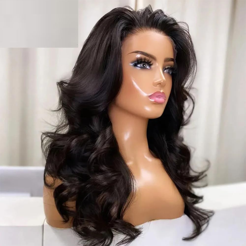 16 Inch Layered Cut Natural Wave Human Hair 13x4 HD Transparent Lace Front Wig Natural Black Body Wave Brazilian Hair 150% Density Ocean Wave Pre Plucked for Black Woman