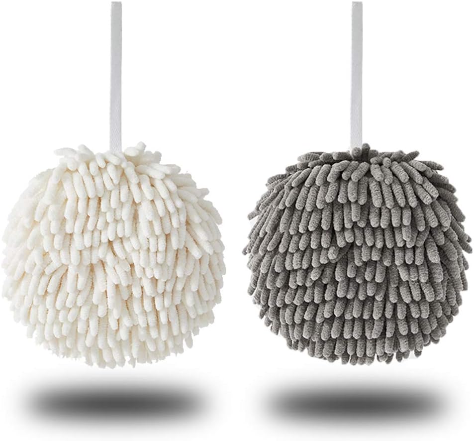 2 Packs of Microfiber Hand Towels for Bathroom, Grey & White Hanging Chenille Fuzzy Ball Towel Quick Drying Absorbent Soft Small Towels with Loop for Kitchen Powder Room.