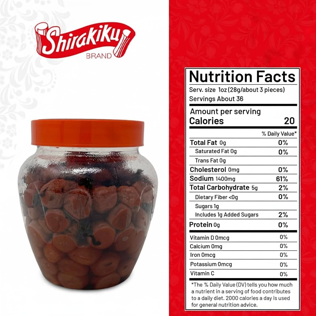 Shirakiku Salted Plums Shiso Ume PET | Japanese Umeboshi Plums for Vinaigrettes, Noodles, Sandwiches, & Rice Balls | High Fructose Syrup, Seasoned Perilla | Pack in 2.2lbs Jar