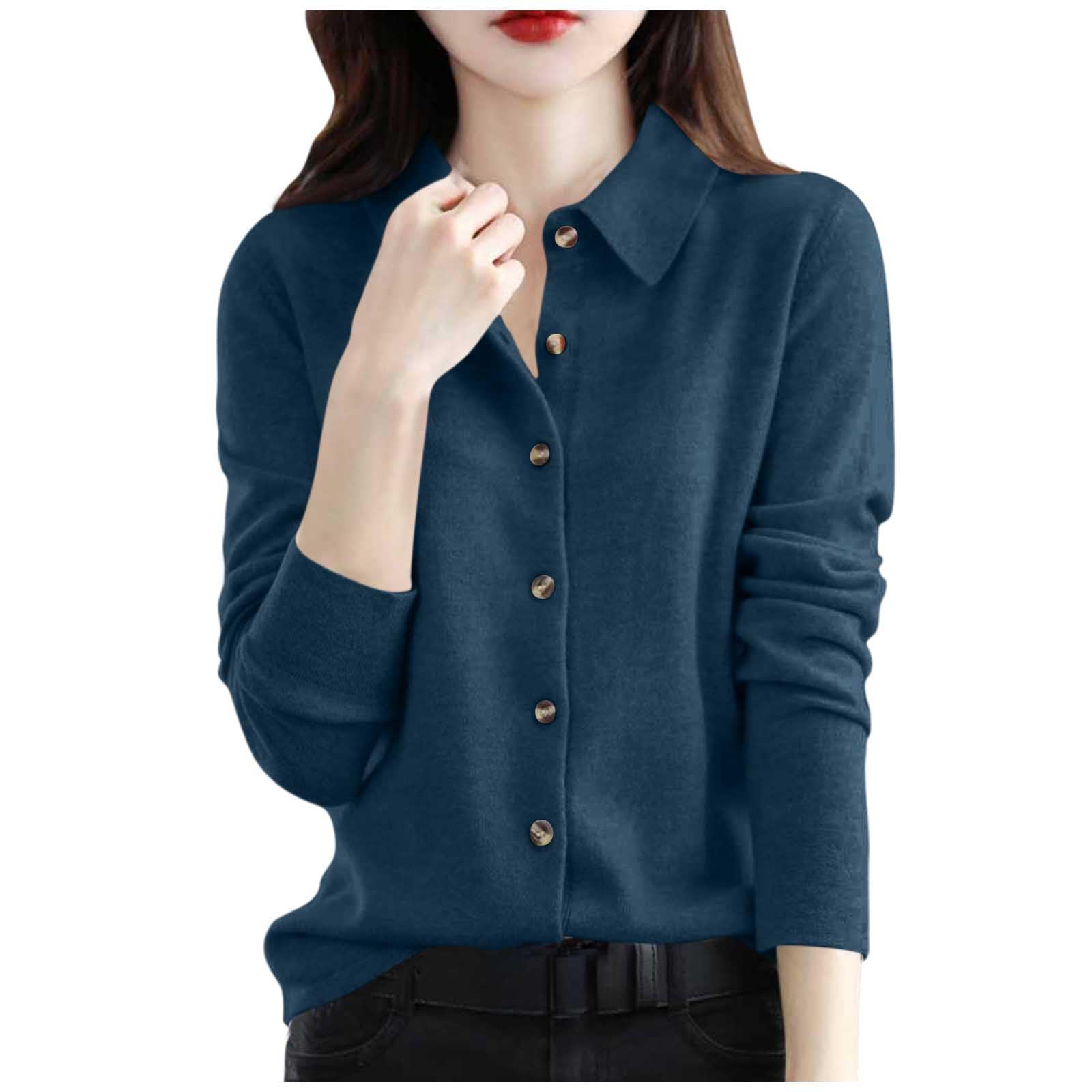 Merino Wool Sweaters Womens Fall Winter Warm Soft Knitted Shirt Lapel Polo Collar Cardigan Long Sleeves