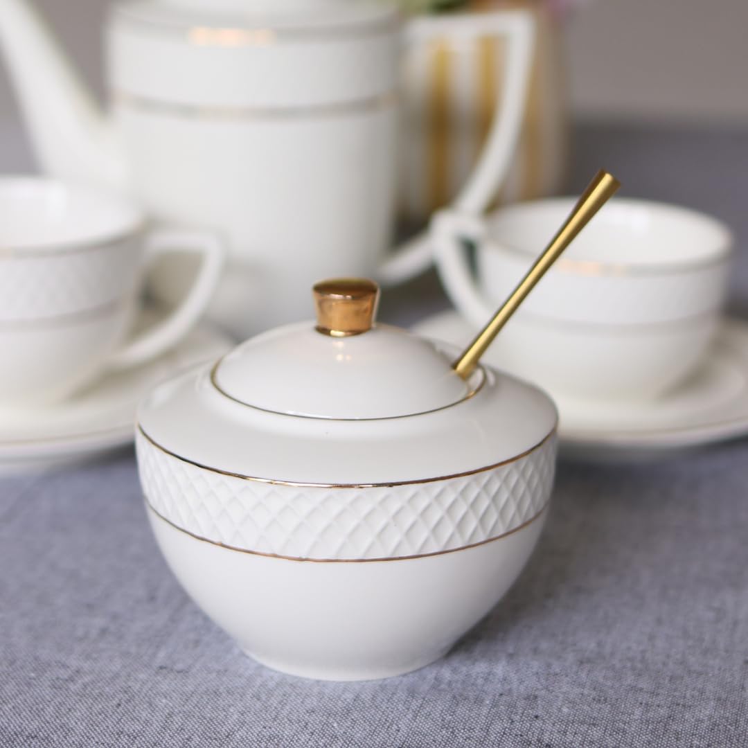 Wilmax – Azucarero + Juego de jarra de leche – 2 piezas – Recipiente para leche y azúcar de porcelana con patrón dorado – Blanco – Dispensador de azúcar con tapa – Servicio de café para leche, café y