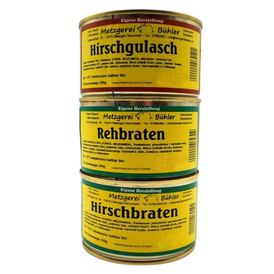 Wildset 3 Dosen Fertiggerichte jeweils 400g Hirschgulasch, Rehbraten und Hirschbraten in leckerer Soße lang haltbare Konserve Lebensmittel Metzgerei Bühler
