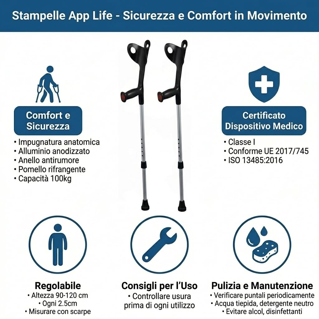 APP LIFE Stampelle Ortopediche (2 unità) Dispositivo Medico di Classe I Regolabili Leggere in Alluminio Anodizzato Coppia Stampella Ortopedica