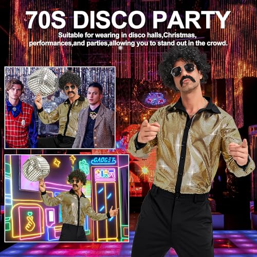 Ragelion Herren 70er Jahre Outfit Retro Disco Kostüm Set Männer Hippie Kostüm Hemd und Schlaghosen für Karneval oder Mottoparty