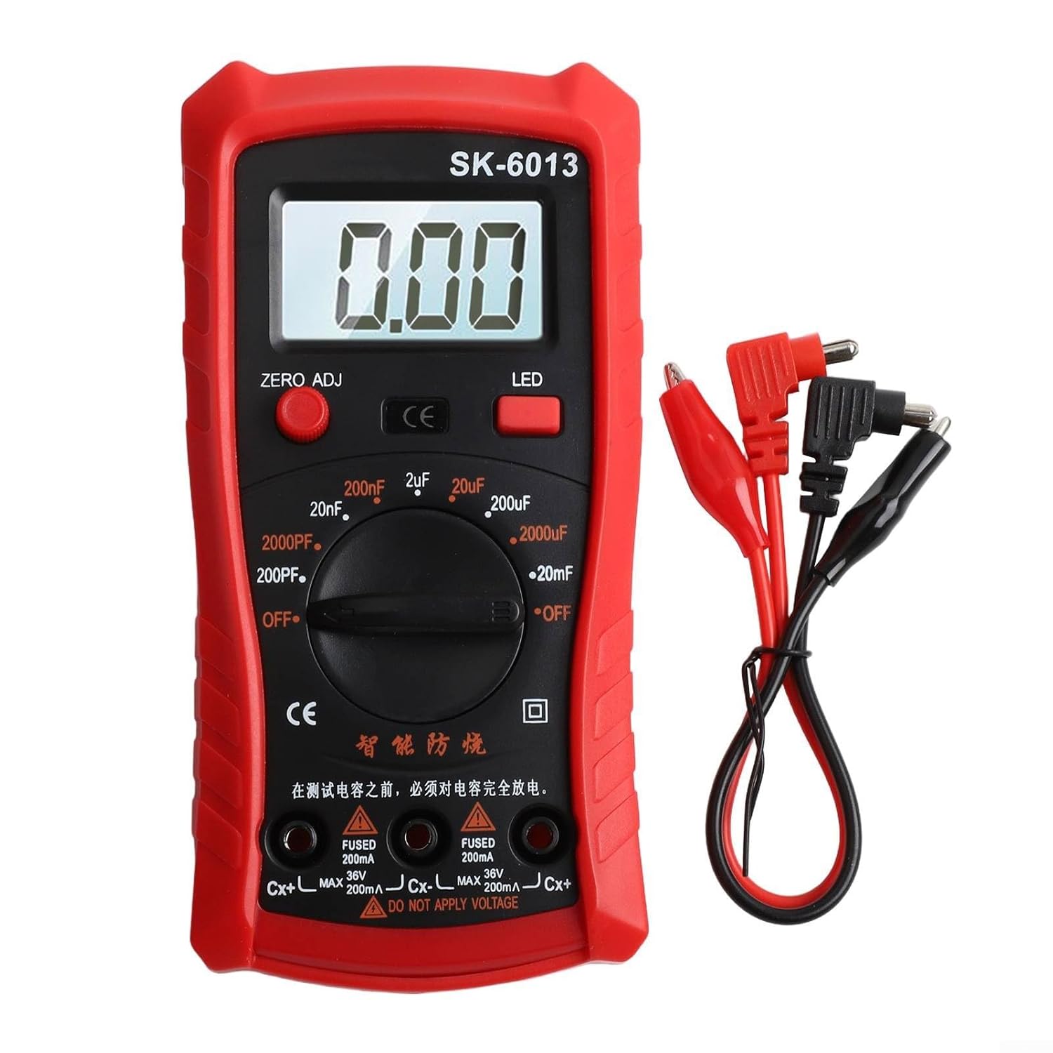 Digital Capacitance Meter Multimeter 2000 Counts with Backlit LCD, Range Knob & Anti-Fall Silicone Case 6013 Model - Red(RED)