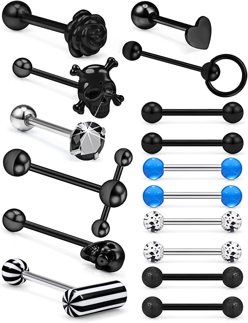 Prjndjw 14G Tongue Rings Surgical Steel Tongue Piercing Jewelry 5/8 inch 16mm Skull Heart Flower T Shape Koosh Spiky Silicone Soft Spike Ball Door Knocker Tongue Ring Body Piercing Jewelry Retainer