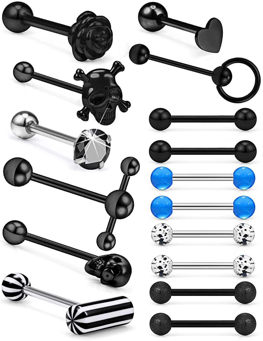 Prjndjw 14G Tongue Rings Surgical Steel Tongue Piercing Jewelry 5/8 inch 16mm Skull Heart Flower T Shape Koosh Spiky Silicone Soft Spike Ball Door Knocker Tongue Ring Body Piercing Jewelry Retainer