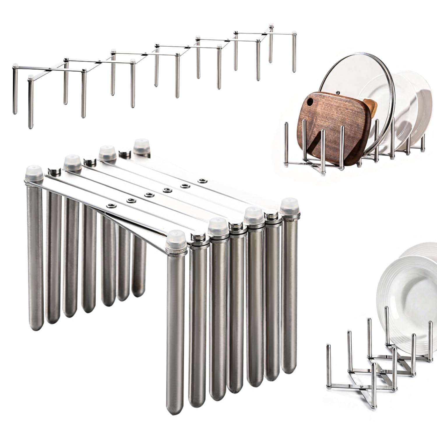Topfdeckelhalter, Deckel Organizer Küche, Verstellbar, Aus Edelstahl, Platz für bis zu 6 Deckel, Für Teller & Schneidebretter, Ausziehbar & klappbar, Aufbewahrung