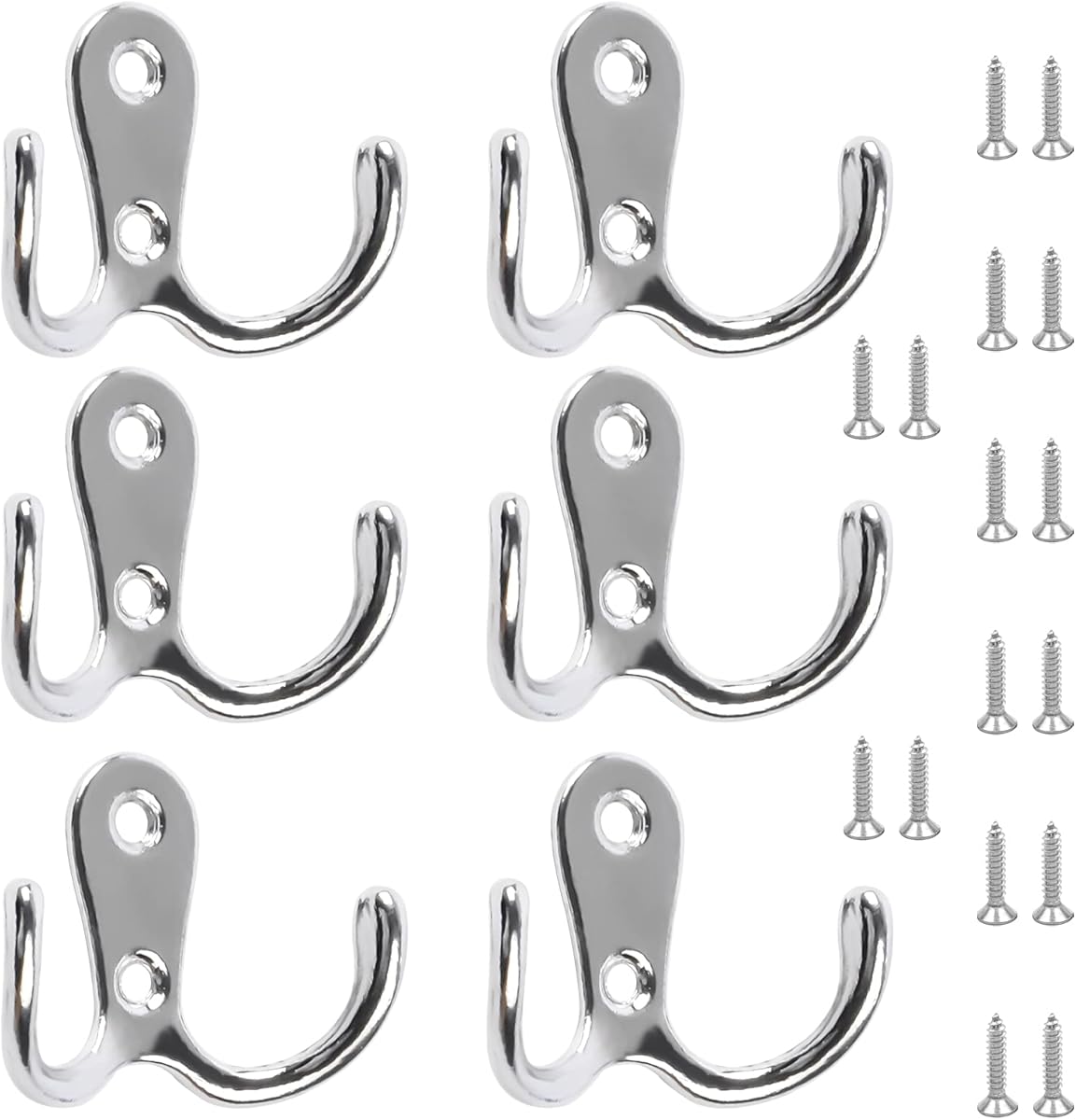 6 PCS Dual Coat Door Hooks, Double Prong Wall Mounted Hooks with 16 PCS Screws for Hanging Hat Tie Clothes Towel Metal Retro Cloth, Chrome Hanger for Bedroom Bathroom Kitchen,Silver
