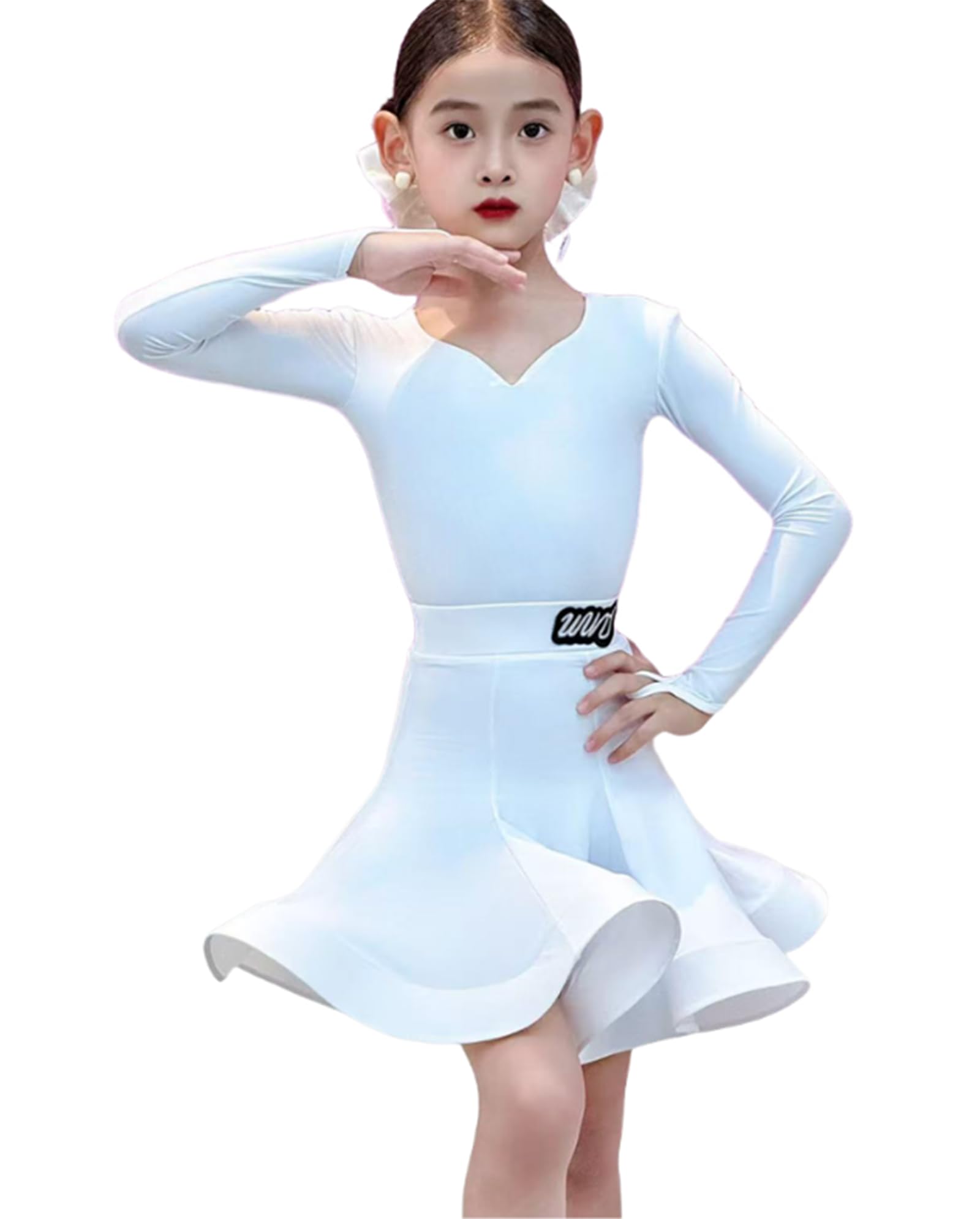 OTMYIGO Vestido de Baile Latino de Manga Larga para niñas Conjunto práctica Baile salón con Cuello en V para niñas Salsa Rumba cha cha,Samba Tango Top y Falda para competiciones