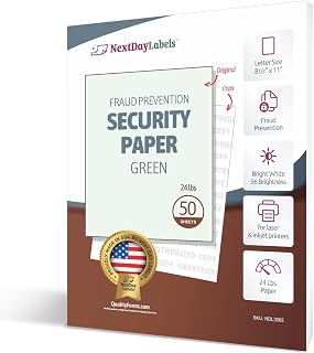NextDayLabels Green Security Paper – Multi-Purpose – UNAUTHORIZED COPY – Fraud Prevention – Laser & Inkjet Printer Compatible – 8.5" x 11“ – 24 lb – 50 Sheets