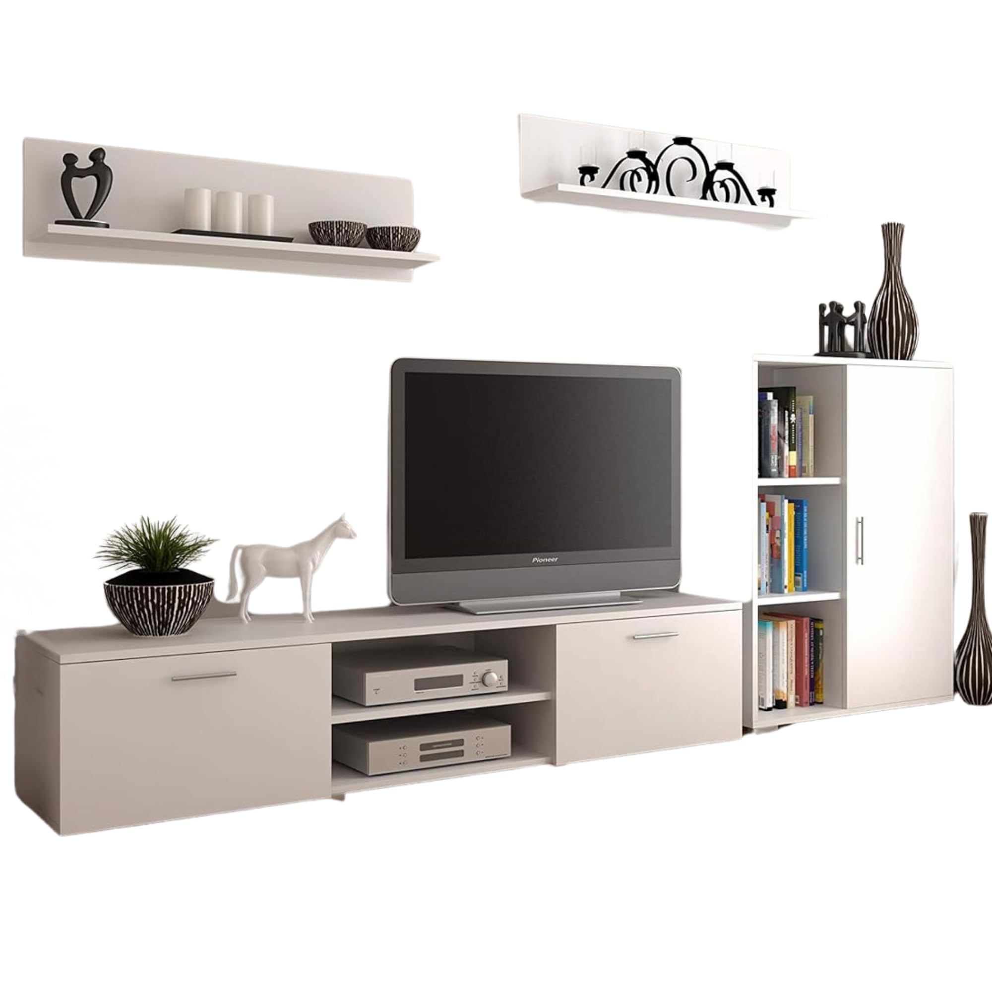 Per la vita Schrankwand Weiß Szopen – Modernes Regalwohnzimmer Set in Weiß - Möbel Modern mit integriertem Wohnzimmerschrank, TV Schrank, Sideboard & Wandregal