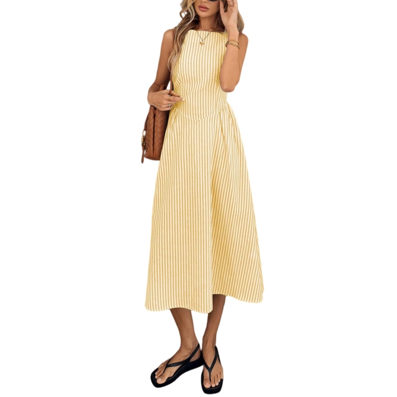 Vestito Abito A Righe Senza Maniche da Donna Estate Slim Fit Midi Dress con Design Verticali, Elegante Casual per Le Vacanze-Yellow-m