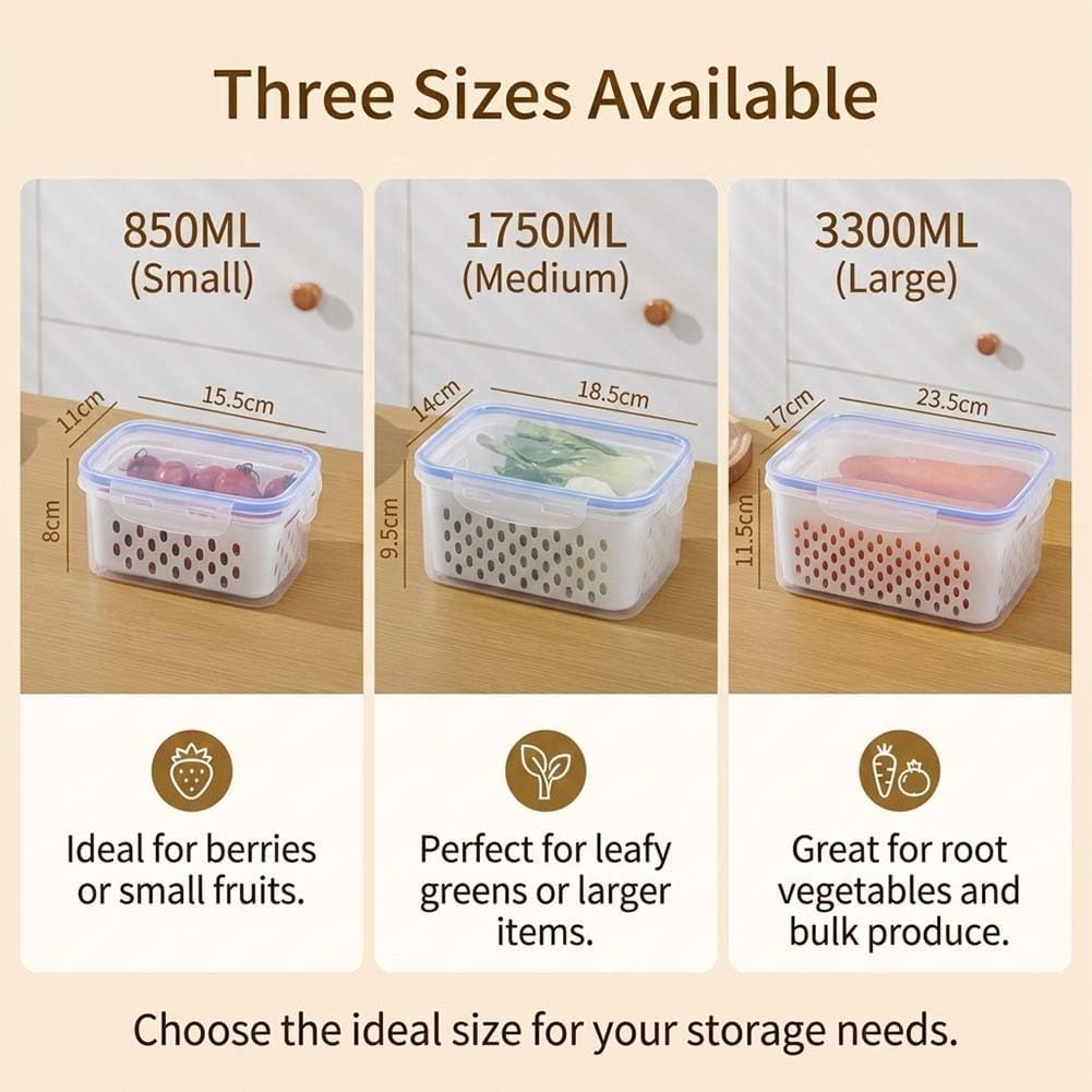 4 in 1 Food Storage Container with Lids, Large Fruit Storage Containers for Fridge, Household Transparent Plastic Food Storage Box-Including Drain Basket for Berry, Vegetable & Salad (Gray, S+M+L)