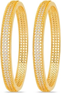 ZAVYA 925 Sterling Silver Gilded Elegance Two-Line CZ Gold Plated Bangle (Pair) | Gift for Women and Girls | With Certific... Price In India