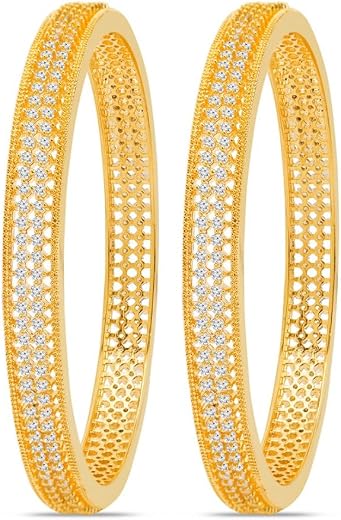 ZAVYA 925 Sterling Silver Gilded Elegance Two-Line CZ Gold Plated Bangle (Pair) | Gift for Women and Girls | With Certific...