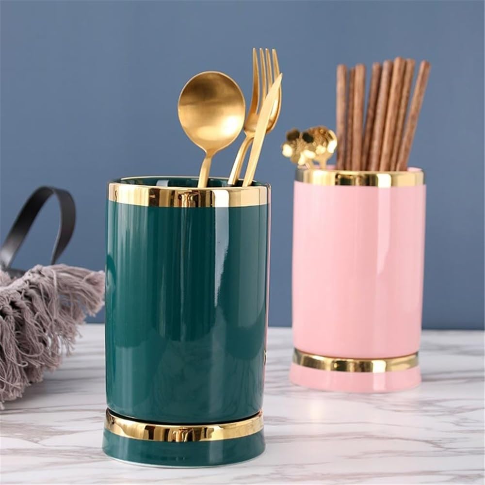 Utensilienhalter küche Utensilienhalter aus Keramik, Löffel- und Essstäbchenhalter, Abtropfgestell mit Abtropfschale Utensilientöpfe(Pink)