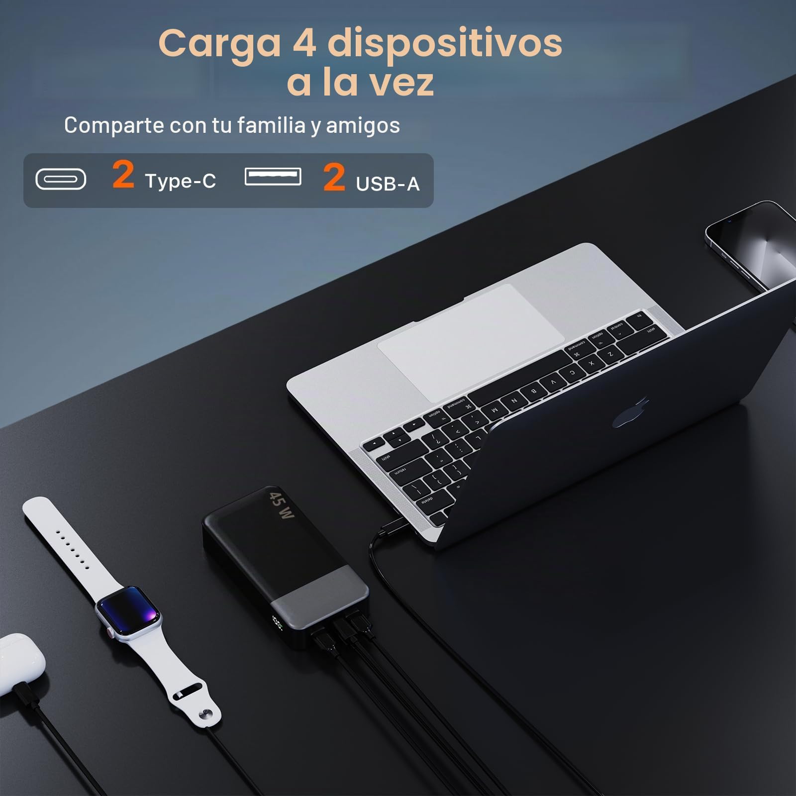JUOVI Banco de energía portátil J2621, batería de 20000 mAh, Carga rápida de 45 W, Compatible con Tablet, portátil, iPhone 16 15 14 13 y más