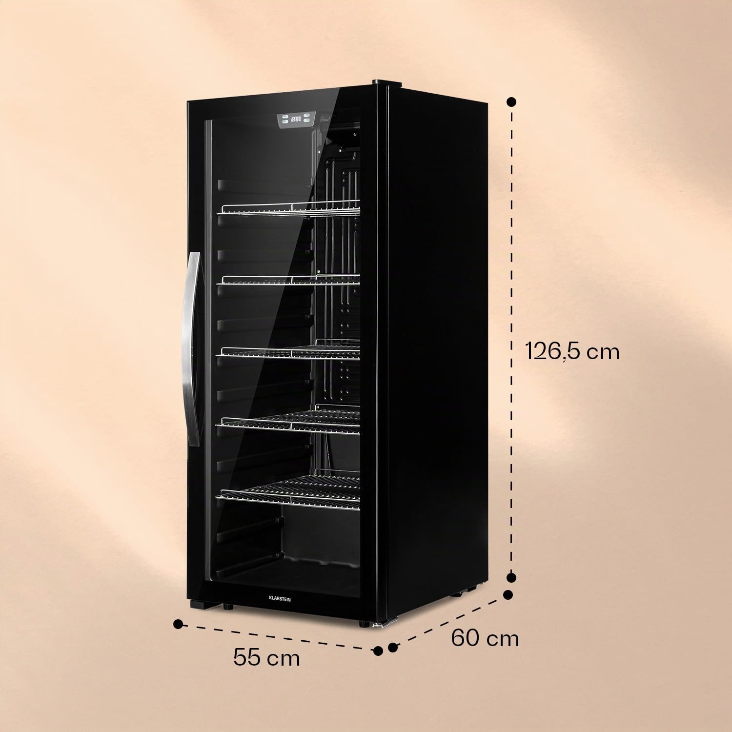 Klarstein Beersafe Getränkekühlschrank 242 L – Kühlschrank mit Glastür, Schwarz | LED-Beleuchtung, herausnehmbare Metallablagen, leise, Flaschenkühlschrank für Getränke & Dosen