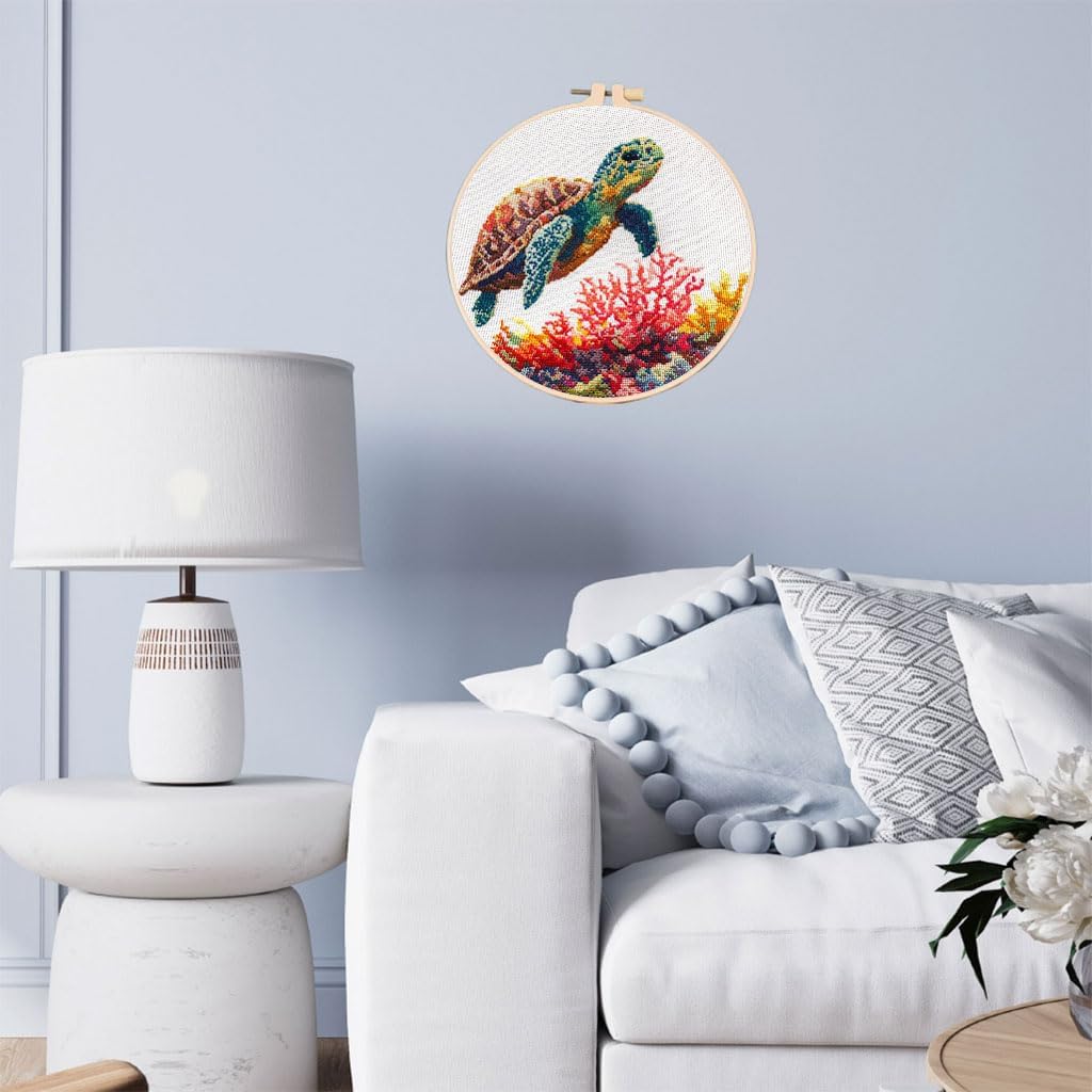 DIY Cross Stitch Kits Sea Turtle and Corals Easy for Beginners with Hoop 11CT Needlepoint Embroidery Stamped Counted Cross Stitch Set Craft Wall Decor 20x20cm-5